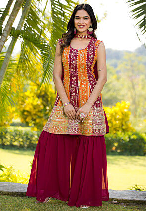 Embroidered Georgette Pakistani Suit in Orange and Pink