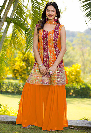 Embroidered Georgette Pakistani Suit in Orange and Pink