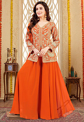 Embroidered Georgette Pakistani Suit in Orange