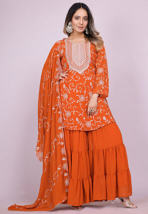 Embroidered Georgette Pakistani Suit in Orange