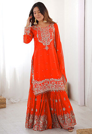 Embroidered Georgette Pakistani Suit in Orange