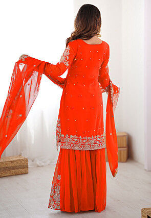 Embroidered Georgette Pakistani Suit in Orange