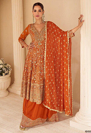 Embroidered Georgette Pakistani Suit in Orange