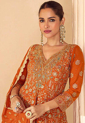 Embroidered Georgette Pakistani Suit in Orange