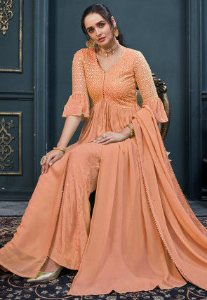 Embroidered Georgette Pakistani Suit in Orange