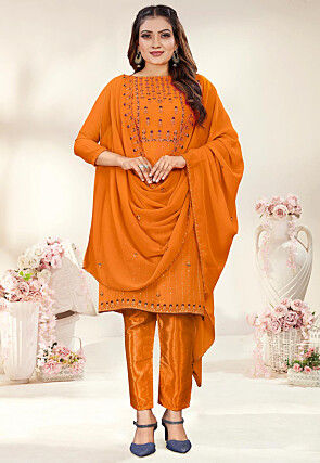 Embroidered Georgette Pakistani Suit in Orange
