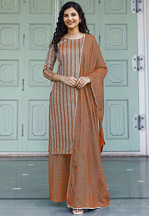 Embroidered Georgette Pakistani Suit in Orange