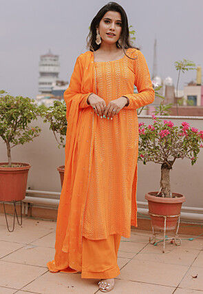 Embroidered Georgette Pakistani Suit in Orange
