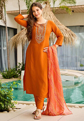 Embroidered Georgette Pakistani Suit in Orange