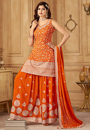 Embroidered Georgette Pakistani Suit in Orange
