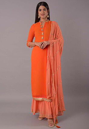 Embroidered Georgette Pakistani Suit in Orange