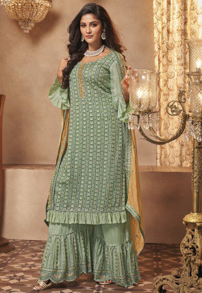 Embroidered Chinon Chiffon Pakistani Suit in Pastel Green