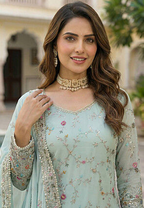 Embroidered Georgette Pakistani Suit in Pastel Green