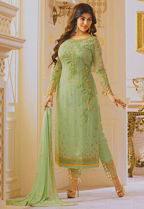 Embroidered Georgette Pakistani Suit in Pastel Green