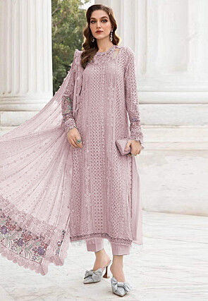 open lace back dress Grey and Pink Tissue Anarkali Suit with Sequinned and Beads Work – Saree.com
