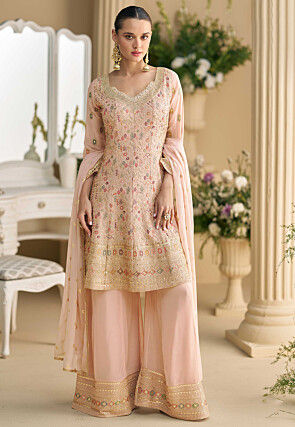 Embroidered Georgette Pakistani Suit in Peach