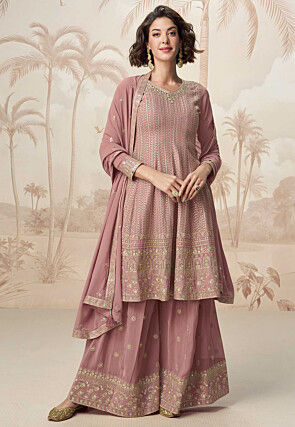 Embroidered Georgette Pakistani Suit in Peach