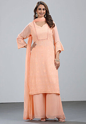 Embroidered Georgette Pakistani Suit in Peach