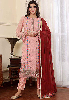 Embroidered Georgette Pakistani Suit in Peach