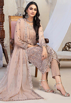 Embroidered Georgette Pakistani Suit in Peach