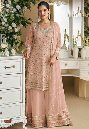 Embroidered Georgette Pakistani Suit in Peach