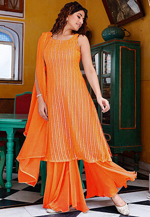 Embroidered Georgette Pakistani Suit in Orange