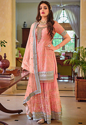 Embroidered Georgette Pakistani Suit in Peach
