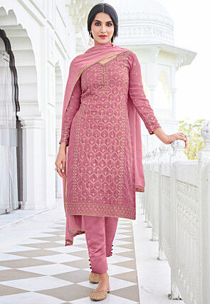 Embroidered Georgette Pakistani Suit in Pink