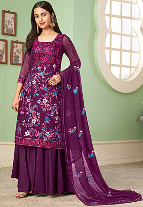 Heavy georgette Party Wear Readymade Plazo Suit in Violet Color with  Embroidery Work