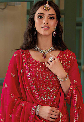 Embroidered Georgette Pakistani Suit in Red