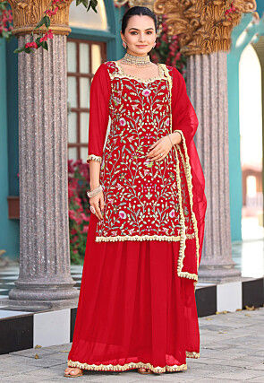 Embroidered Georgette Pakistani Suit in Red