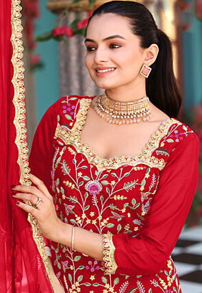 Embroidered Georgette Pakistani Suit in Red
