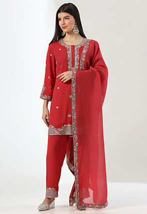 Embroidered Georgette Pakistani Suit in Red
