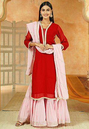 Embroidered Georgette Pakistani Suit in Red