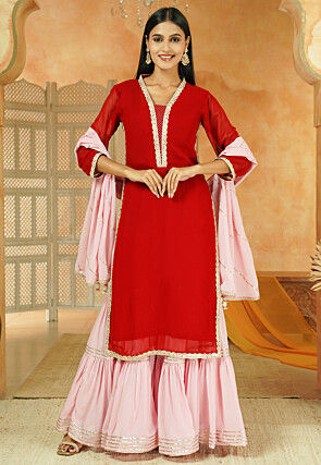 Embroidered Georgette Pakistani Suit in Red