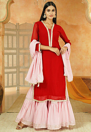 Embroidered Georgette Pakistani Suit in Red