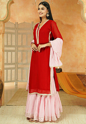 Embroidered Georgette Pakistani Suit in Red