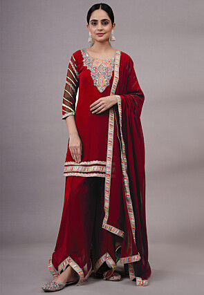 Embroidered Georgette Pakistani Suit in Red