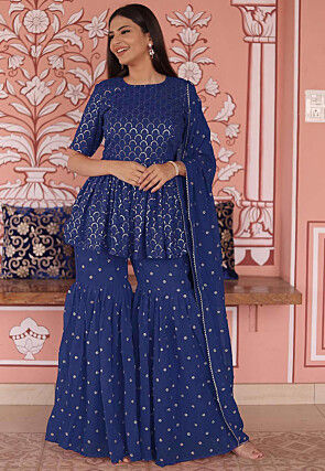 Embroidered Georgette Pakistani Suit in Royal Blue