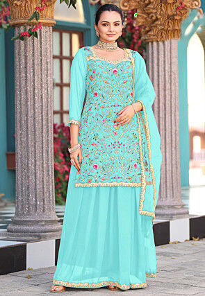 Embroidered Georgette Pakistani Suit in Sea Green
