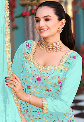 Embroidered Georgette Pakistani Suit in Sea Green