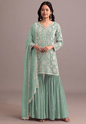 Embroidered Georgette Pakistani Suit in Sea Green
