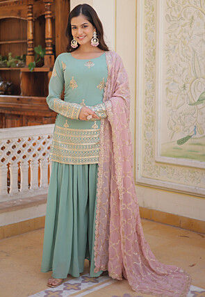 Embroidered Georgette Pakistani Suit in Sea Green