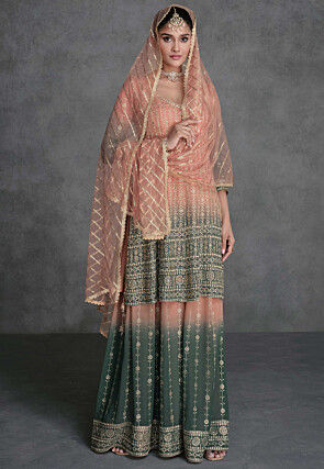 Embroidered Georgette Pakistani Suit in Shaded Peach and Green