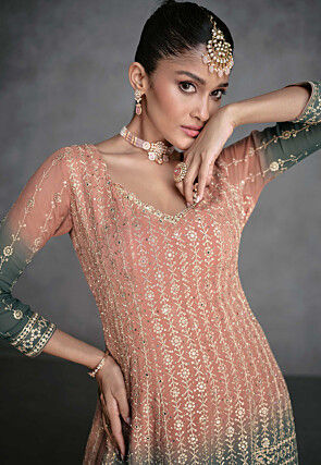 Embroidered Georgette Pakistani Suit in Shaded Peach and Green