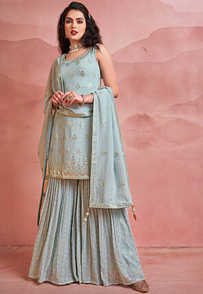 Embroidered Georgette Pakistani Suit in Sky Blue