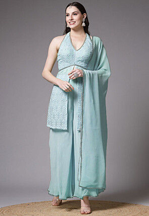 Embroidered Georgette Pakistani Suit in Sky Blue