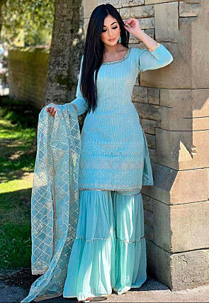 Embroidered Georgette Pakistani Suit in Sky Blue