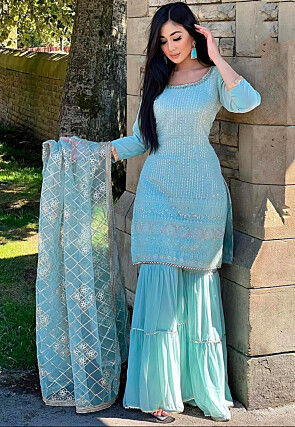 Embroidered Georgette Pakistani Suit in Sky Blue