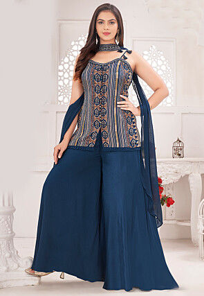 Embroidered Georgette Pakistani Suit in Teal Blue